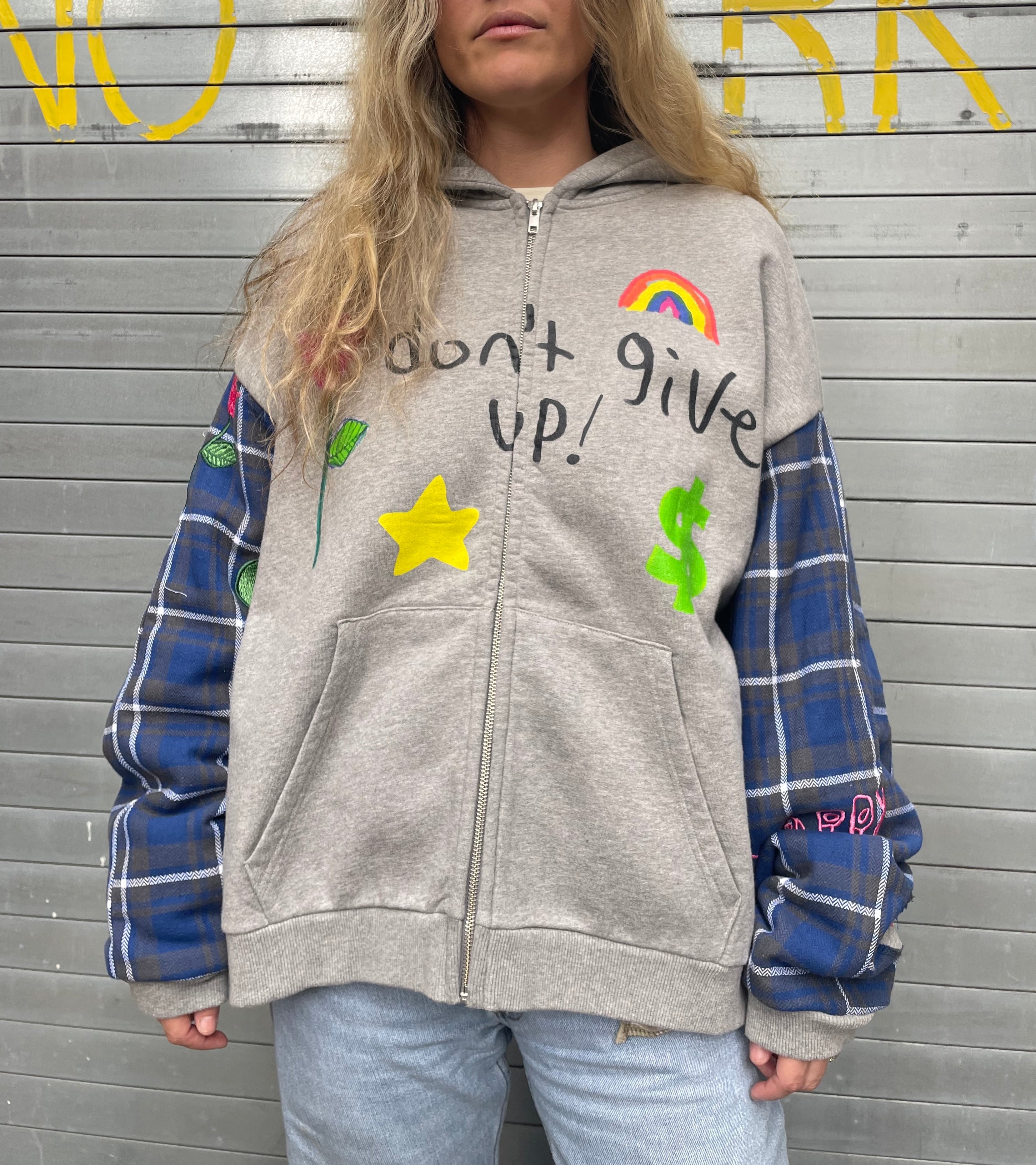 Don't Give Up Plaid Zip Up Repurposed Hoodie